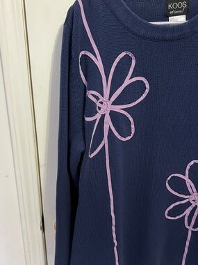 KOOS Navy Crewneck Sweater, Big Pink / Lavender Ribbon Flowers, XL, EUC